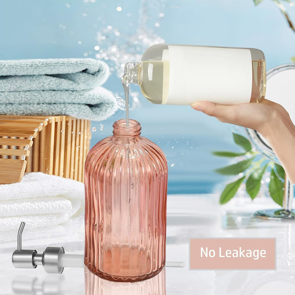 14Oz Amber Soap Dispenser Bathroom, Clear Glass Hand Soap Dispensers with Stainless Steel Pump
