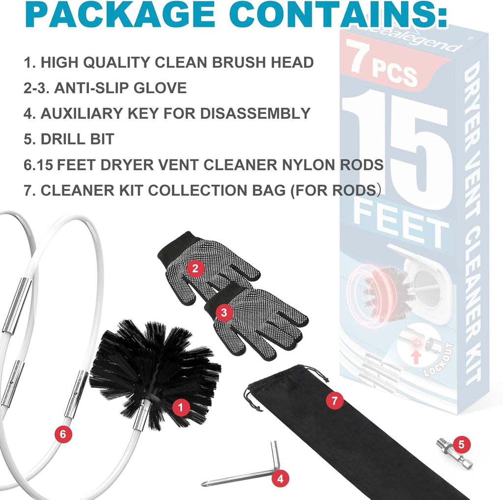 Sealegend 15 Feet Dryer Vent Cleaner Kit/Lint Remover/Upgraded Flexible Quick-Snap Brush with Drill