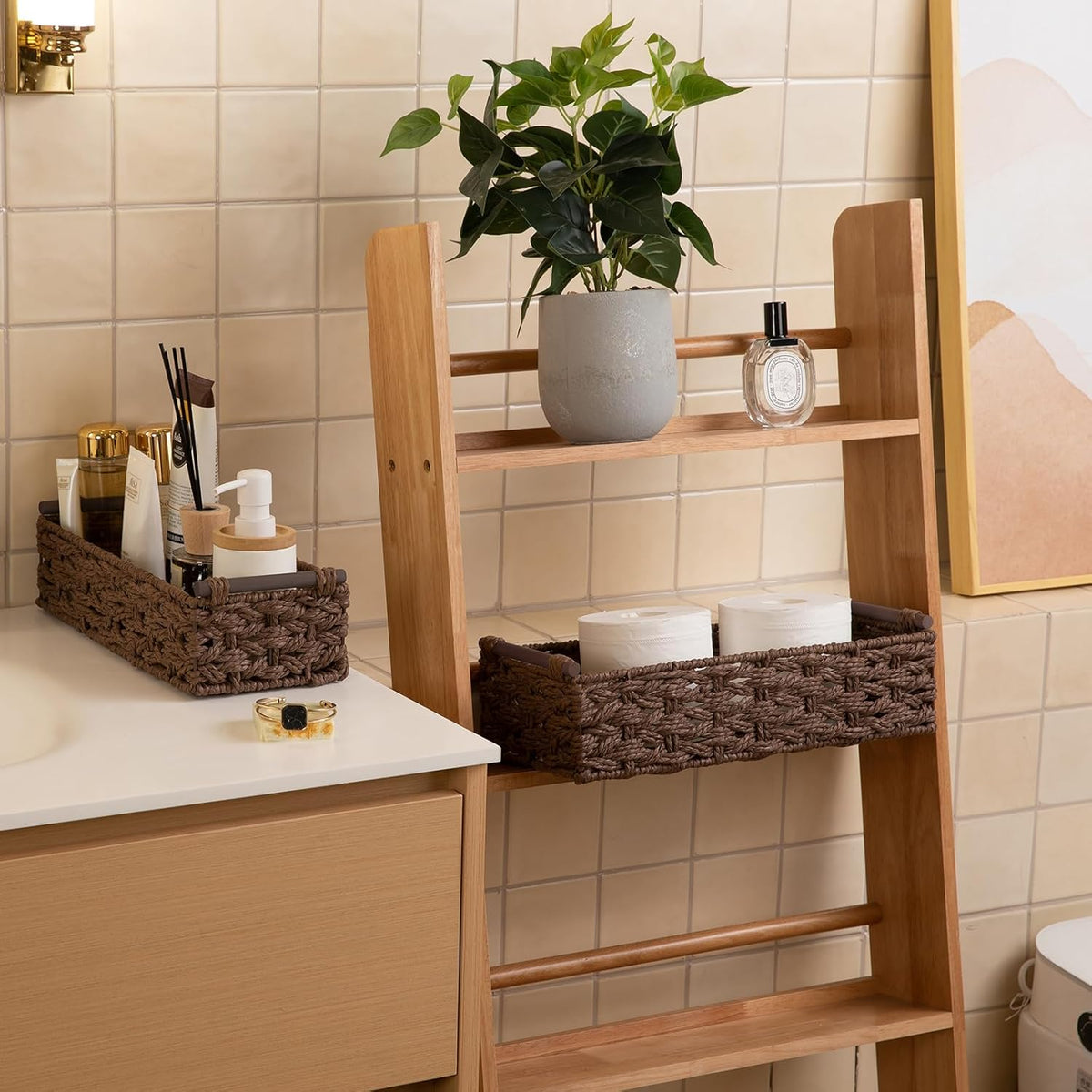 OIAHOMY Toilet Paper Baskets Handmade Paper Rope Decorative Wicker Storage Tank Shelf Cabinet
