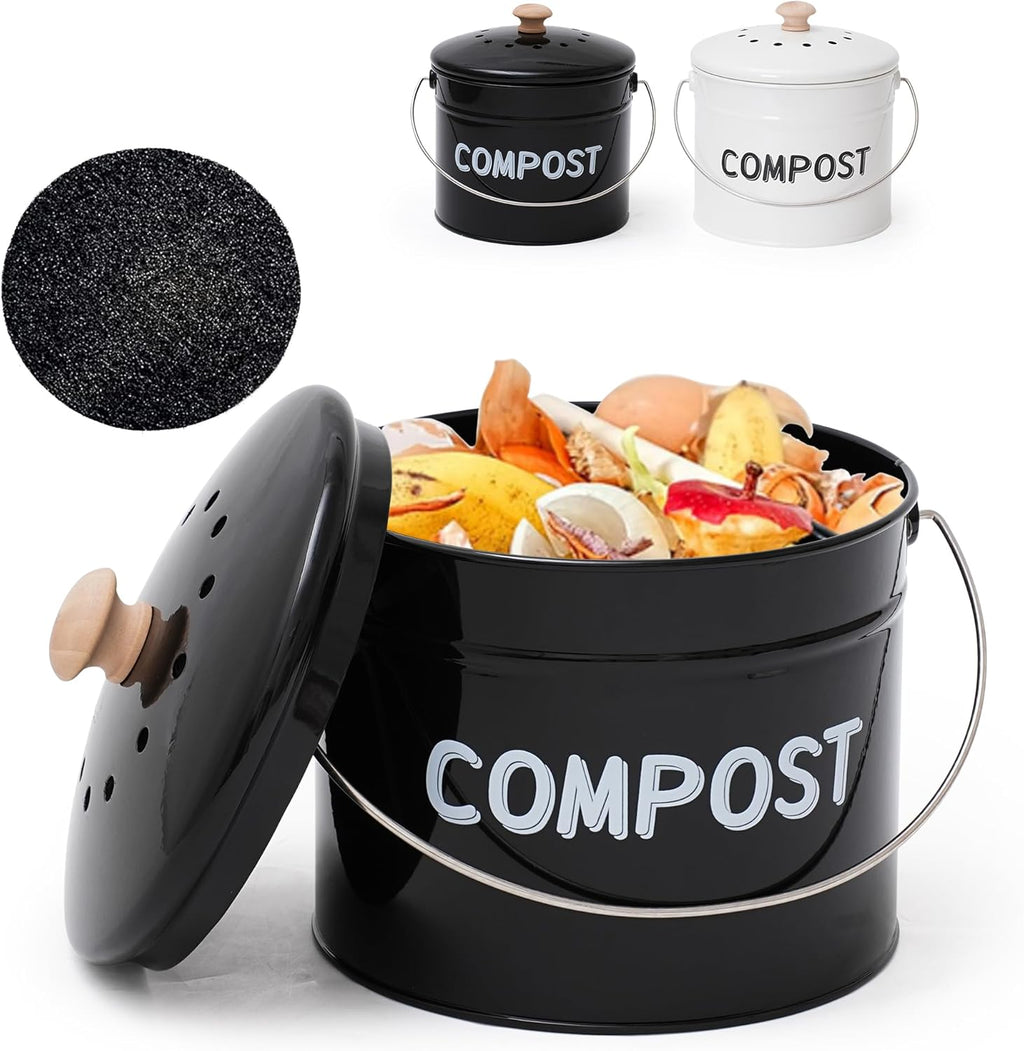 Compost Bin for Kitchen Counter, 1 Gallon Compost Bucket with Lid and Charcoal Filter, Countertop