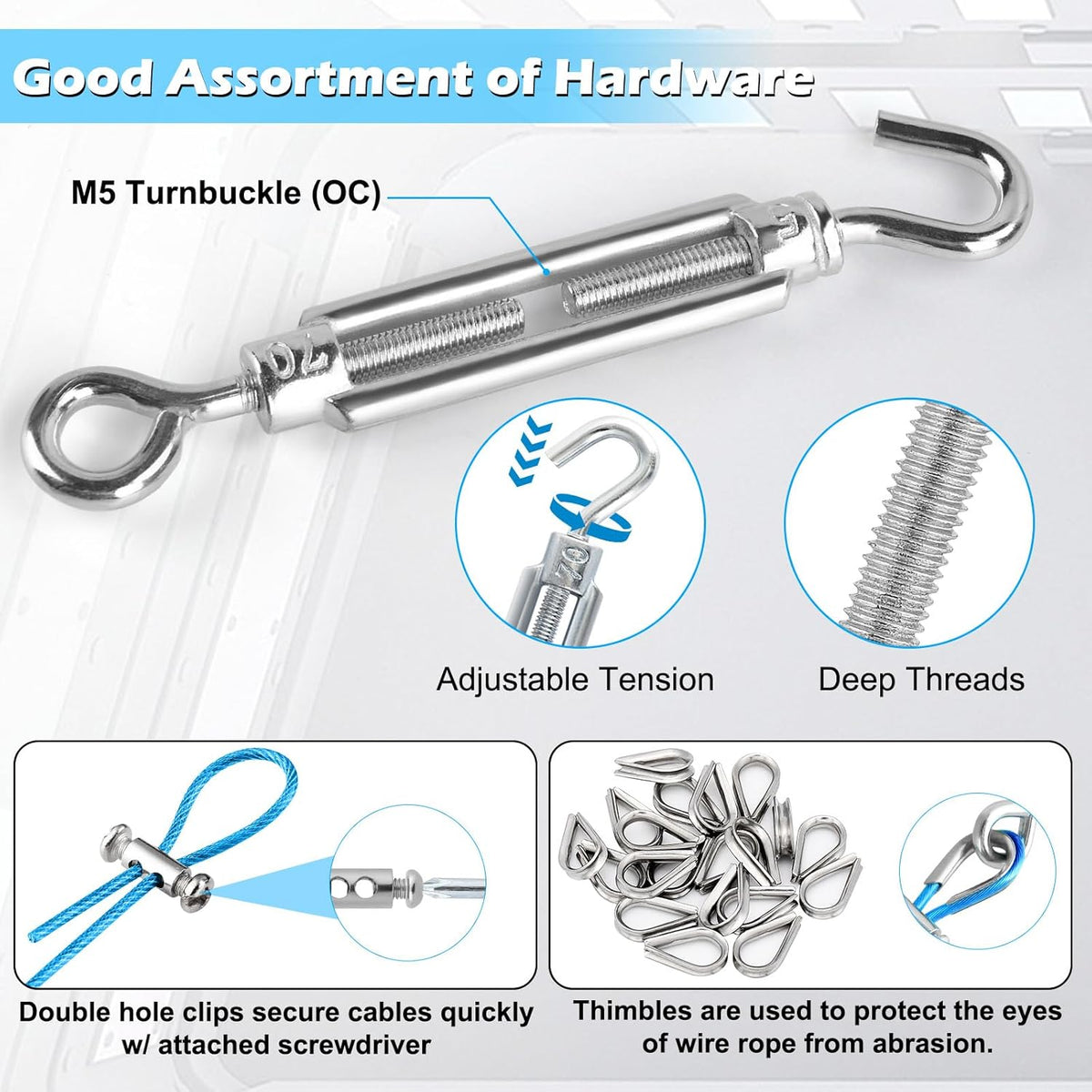 Turnbuckles for Cables Wire, 1/8" X 100Ft Blue PVC Coated Wire Rope Kit, Multi-use Steel Cable for