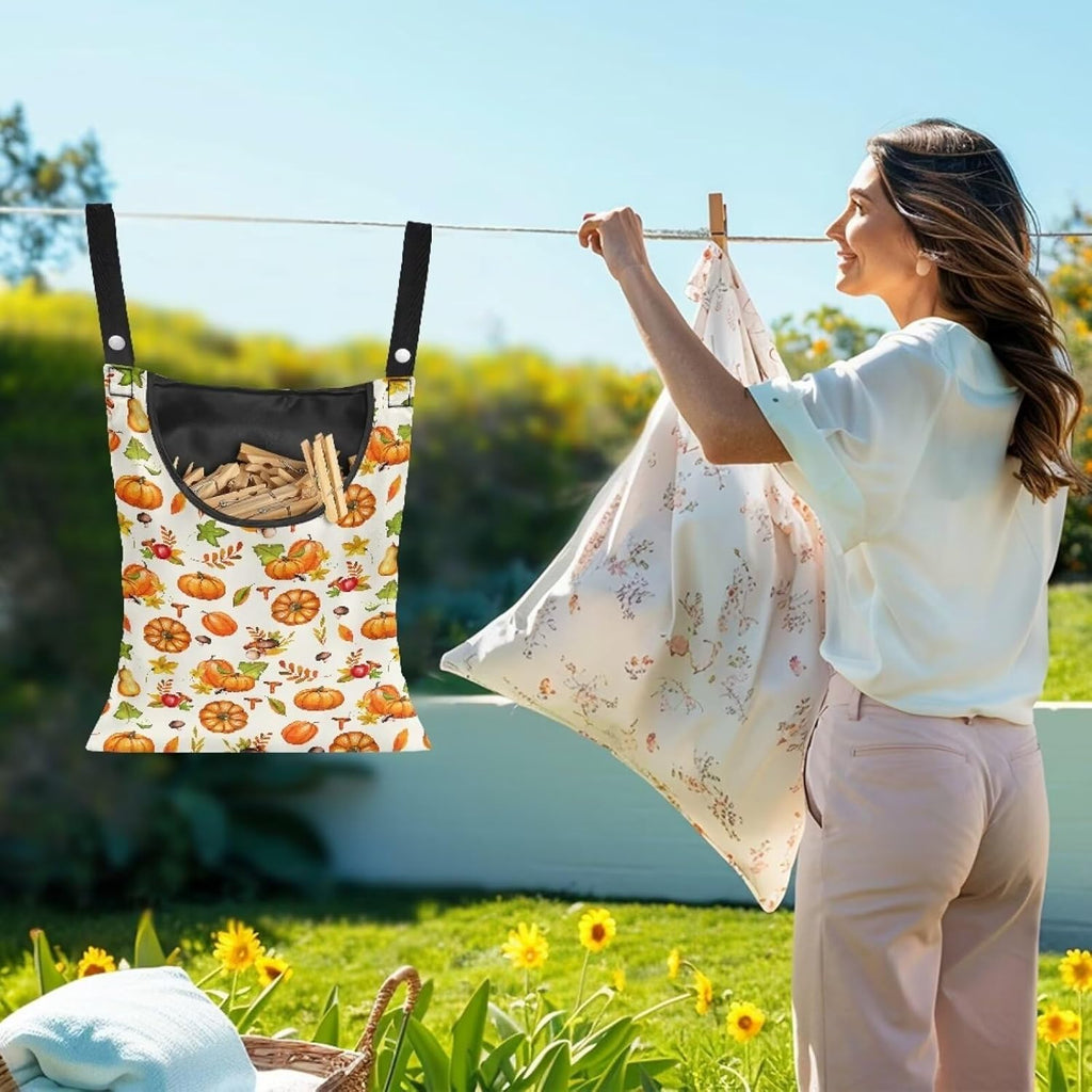 Pumpkin Print Clothespin Bag with Hanging Rope Space-Saving Clothespin Storage Organizer Waterproof