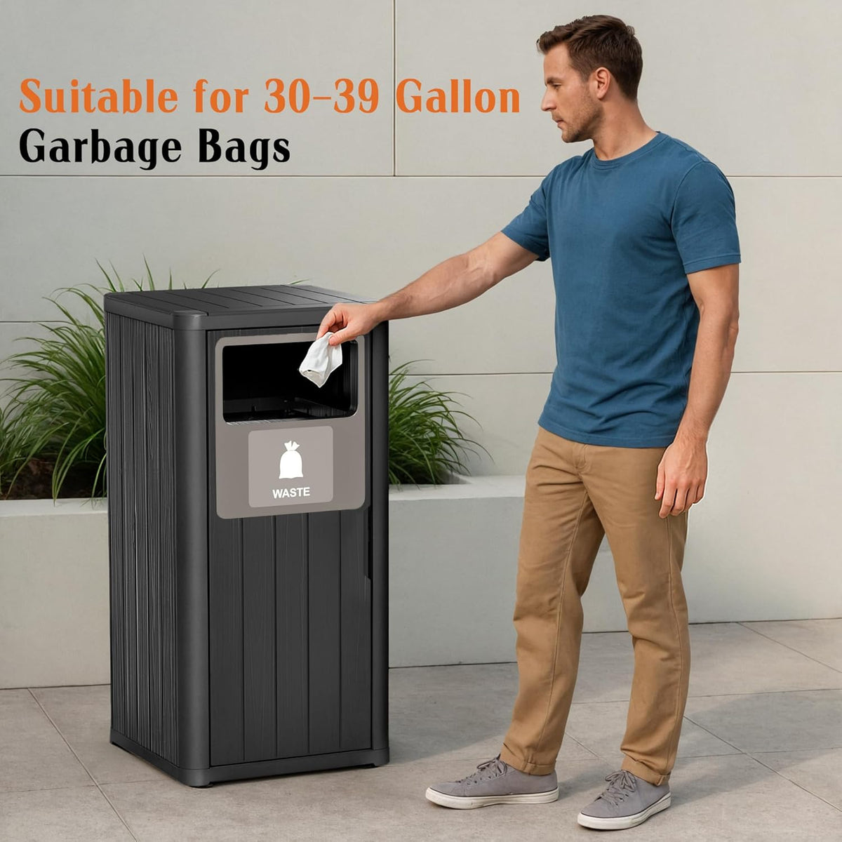 ROJIK 35" Tall Outdoor Trash Can,Weatherproof Resin Garbage Indoor Durable Lightweight,Suitable for
