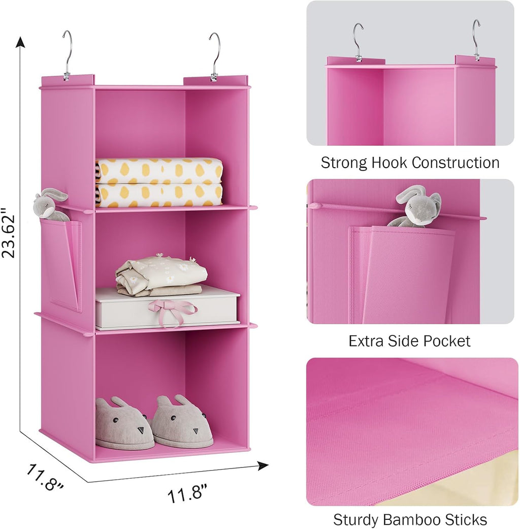 YOUDENOVA Hanging Closet Organizer, 3-Shelf Closet Hanging Storage Shelves, Light Pink