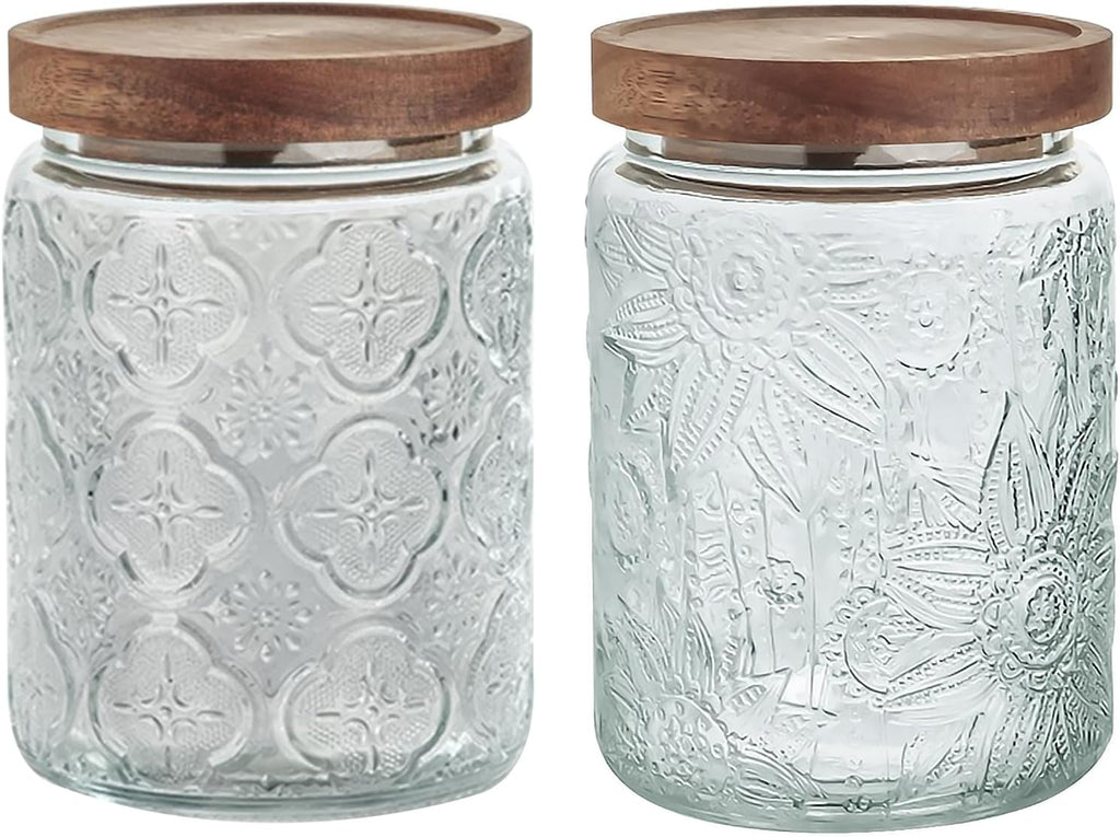 24 OZ/2 PCS Glass Storage Jar with Airtight Bamboo Wooden Lids, Vintage Food Containers Canisters