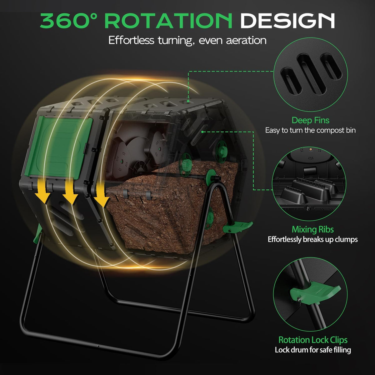 Compost Tumbler 45 Gallon/170L, Easy-Assemble Dual Chamber Compost Bin Outdoor, 360°Rotating Large