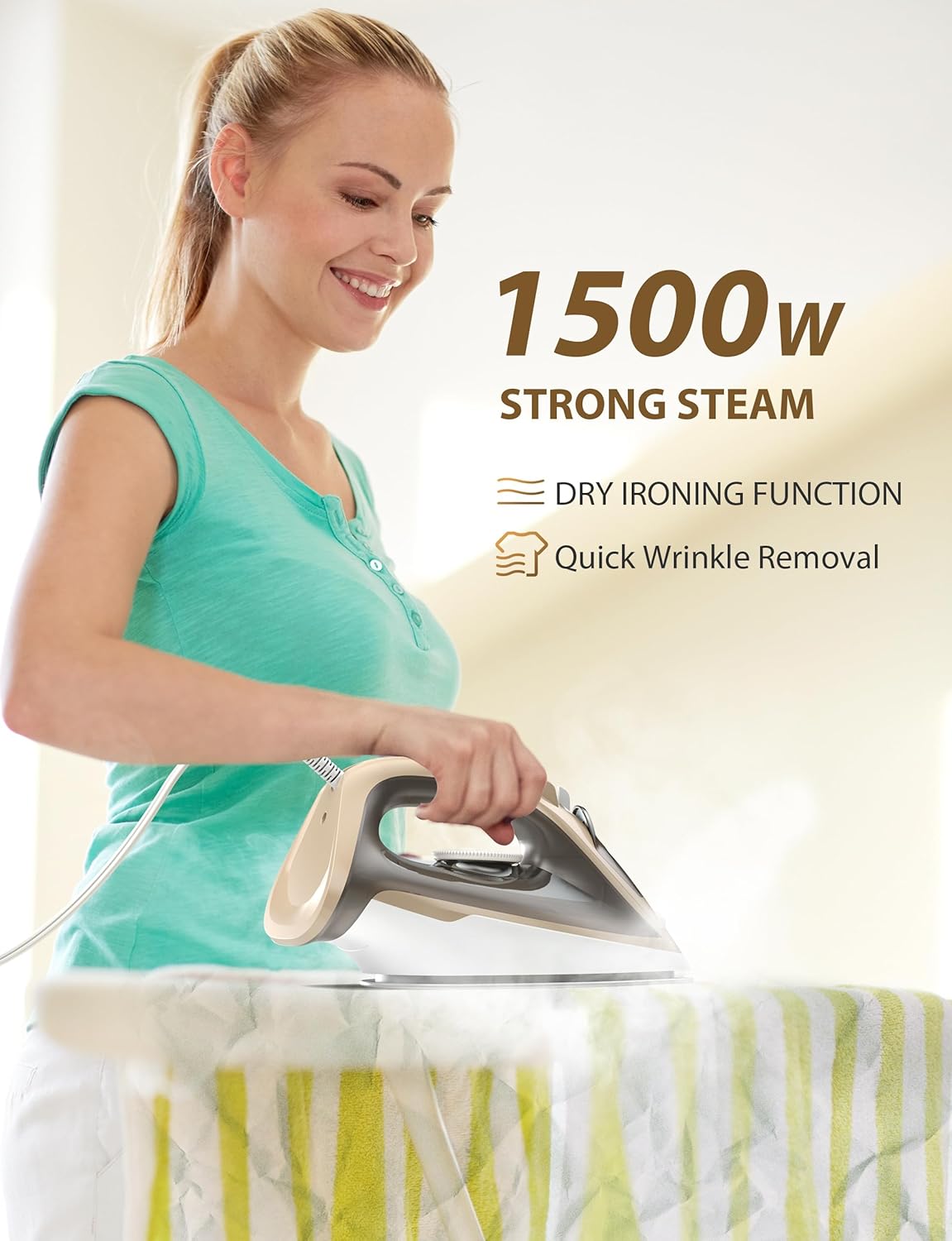 Steam Iron for Clothes Rapid Heating, 1500W Iron with Non-Stick Ceramic Soleplate, Auto-Off, Burst