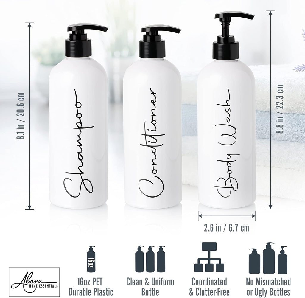 Alora 16oz Refillable Shampoo and Conditioner Dispenser Bottles - Set of 3 - Pump Bottle Dispenser