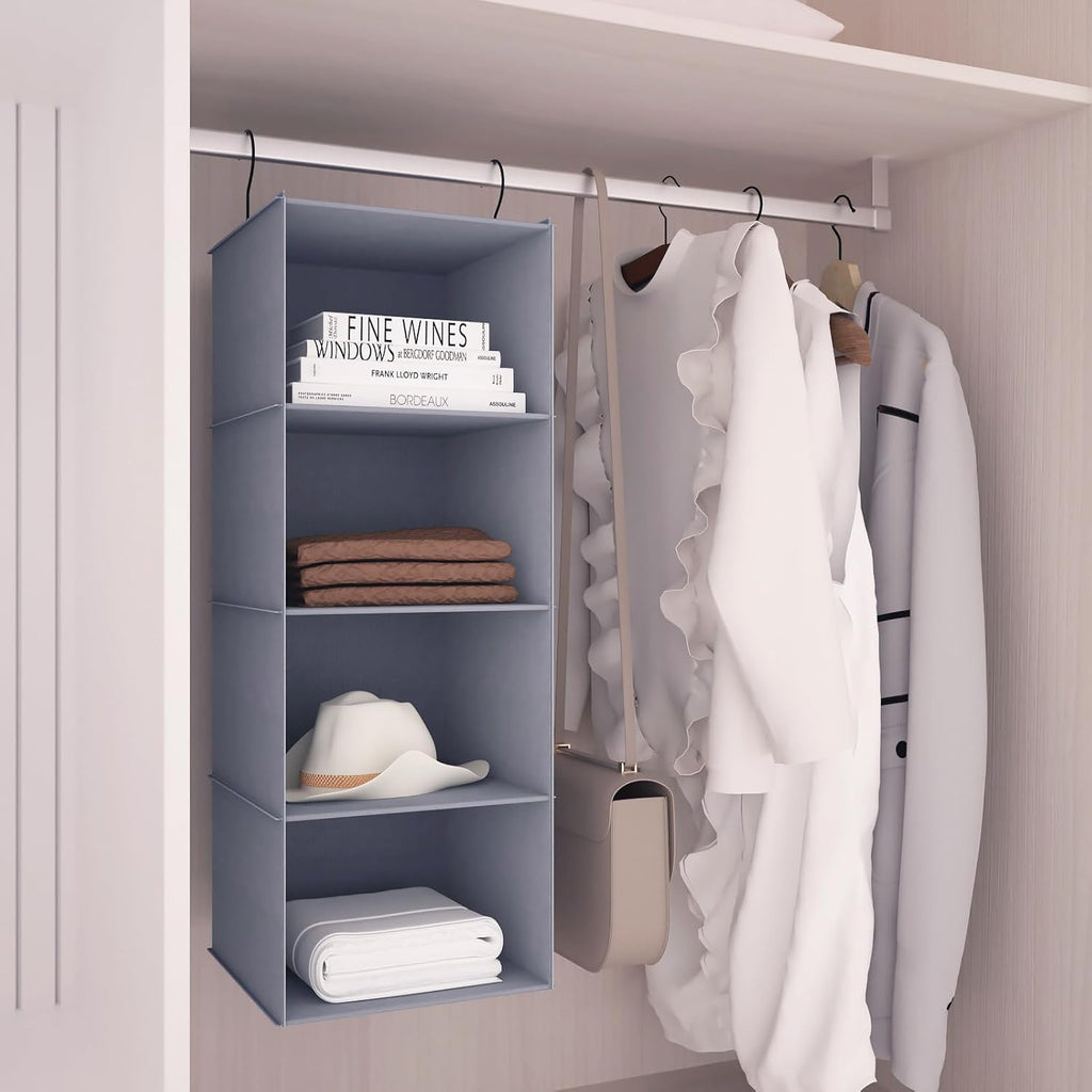 Hanging Closet Organizer, Easy Mount Foldable 4-Shelf Hanging Closet Wardrobe Storage Shelves