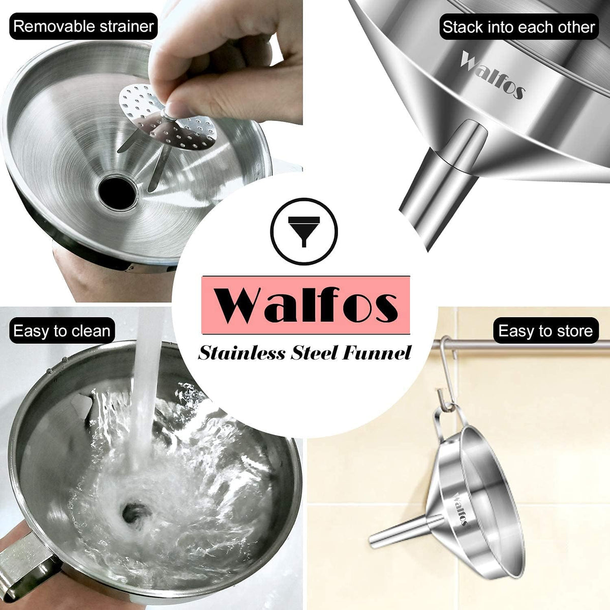 Large Stainless Steel Funnel, Walfos Kitchen Funnel with 2 Removable Strainer ＆ 1Pc Cleaning Brush