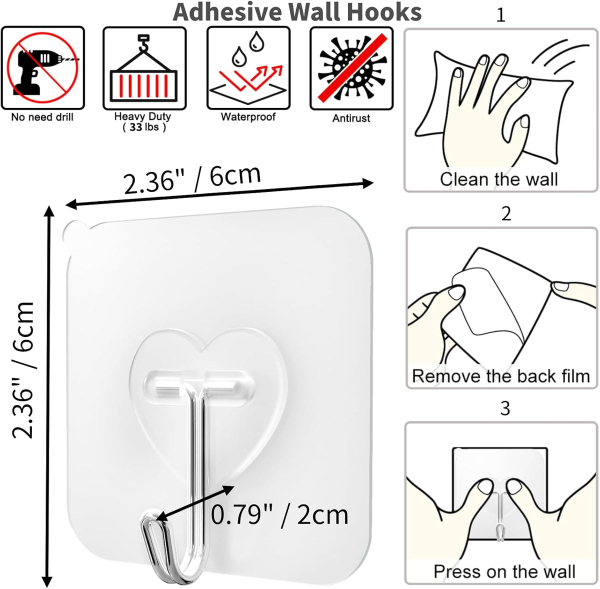 DGYB 40 Pcs Clear Adhesive Hooks for Hanging 22lb Self Adhesive Wall Hooks Heavy Duty Waterproof