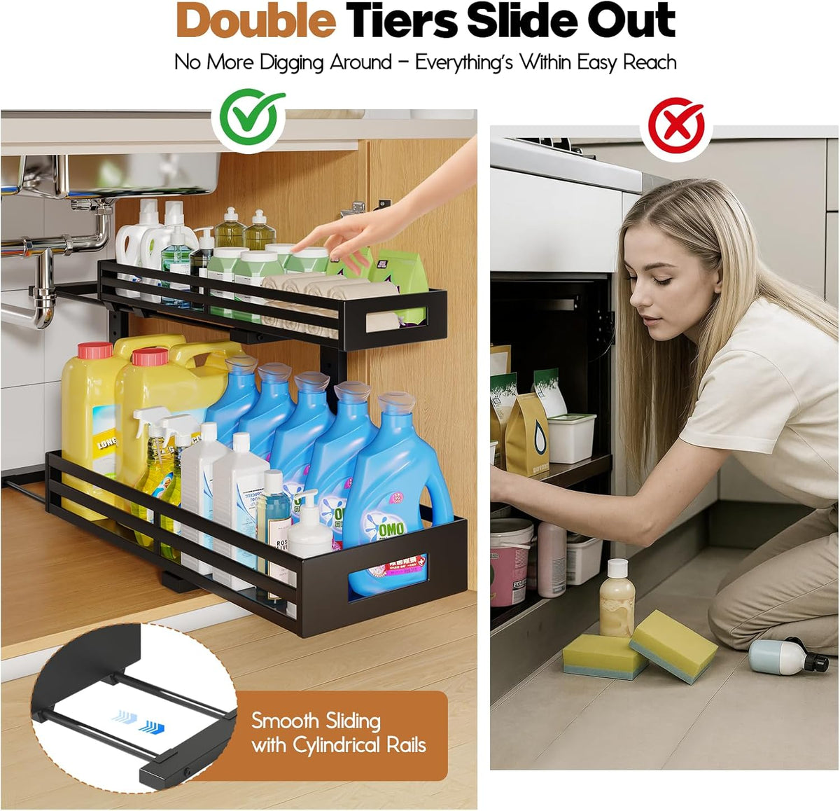 2-Pack 20.47"Deep Under Sink Organizer And Storage,2-Tier L-Shaped Pull Out Cabinet Organizer with