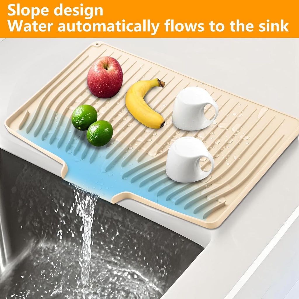 Silicone Dish Drying Mat for Kitchen Counter, Dish Drainer Mat, Non-Slip Drying Pad with Built-in