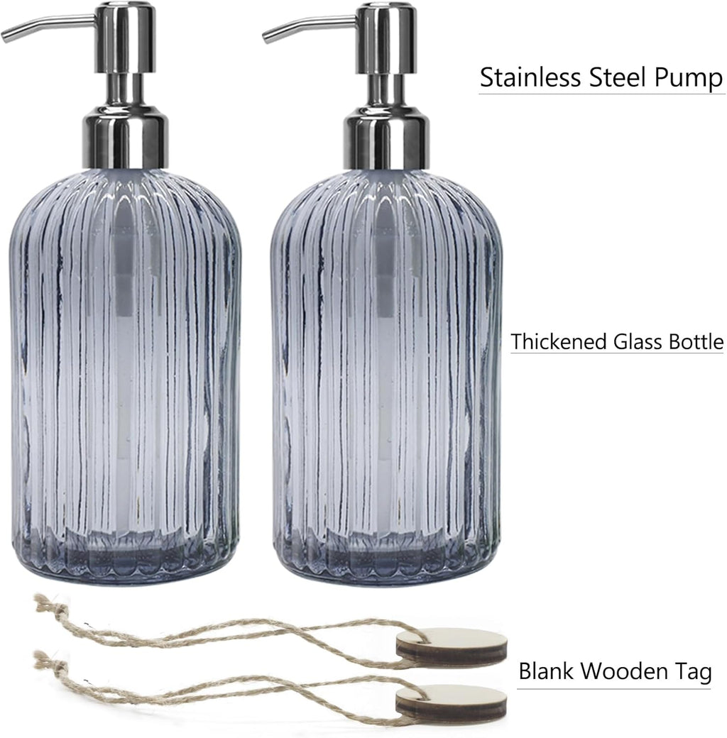 Grey Glass Soap Dispenser 18 oz, 2 Pack Hand Dish Soap Dispensers Bathroom with Stainless Steel