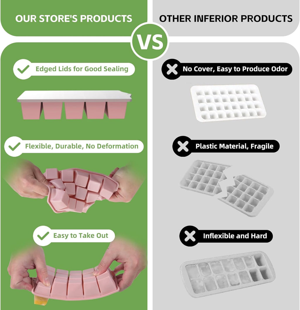 Silicone Ice Cube Tray, 2 Pack Easy-Release Stackable Ice Trays for Freezer with Lid 15 Reusable