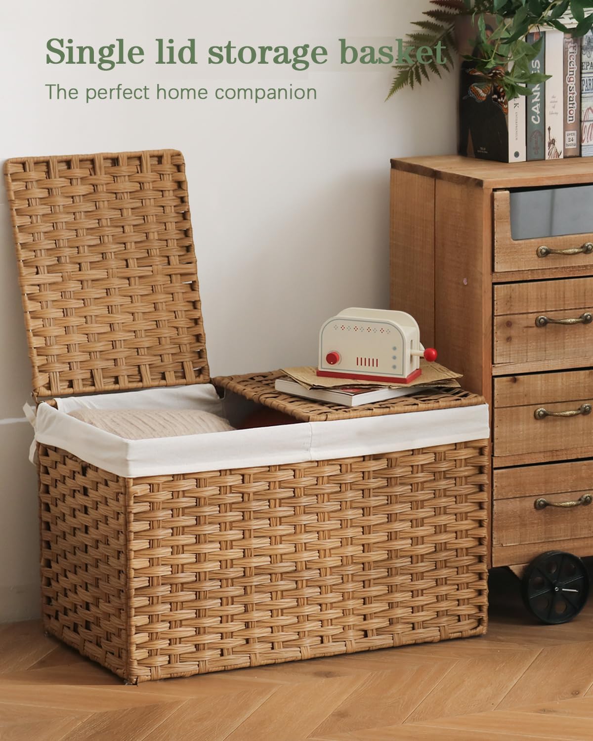 Storage Basket with Lid Rattan Woven Storage Baskets with 2 Separate Lids, 17.2 Gallon (65 L), 22 x