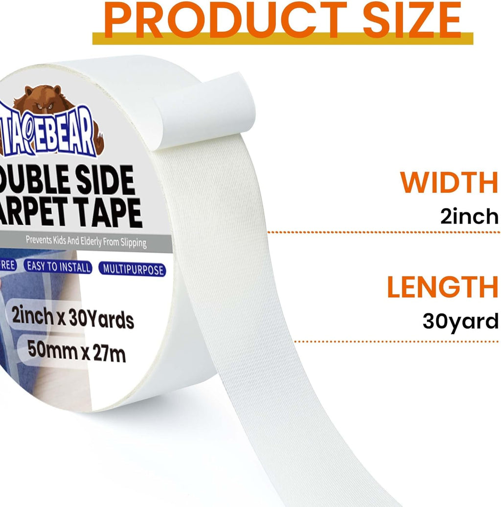 TAPEBEAR Carpet Tape Double Sided 2Inch x 30Yards, Heavy Duty Rug Gripper Anti Slip Anti Curling