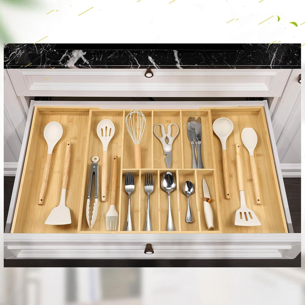 Fabsome Silverware Organizer for Cabinet Drawer, Expandable from 16.7'' to 30'' Wide Bamboo Wood