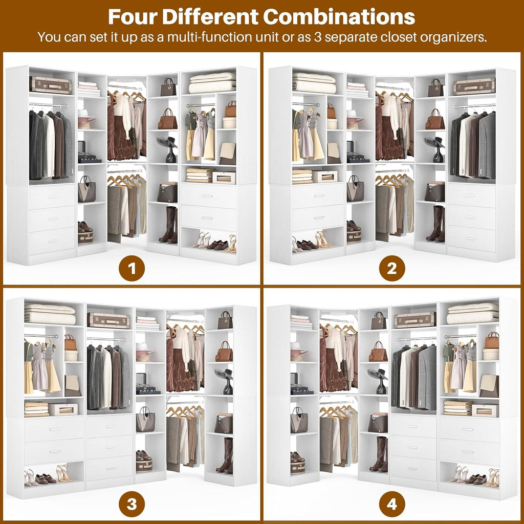 Corner Closet System with 5 Drawers, Closet Organizer System with 15+Shelvess & 4 Hanging Rods