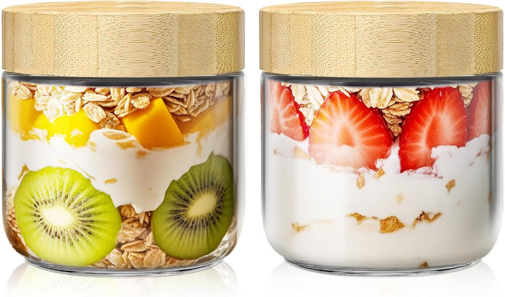 2 pack 10oz Overnight Oats Containers with Bamboo Lids, Glass Jars with Airtight Lids for Meal