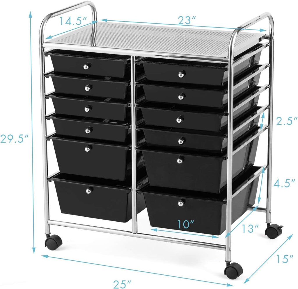GOFLAME 12-Drawer Rolling Storage Cart, Multipurpose Organizer Cart with 2 Sizes Plastic Drawers