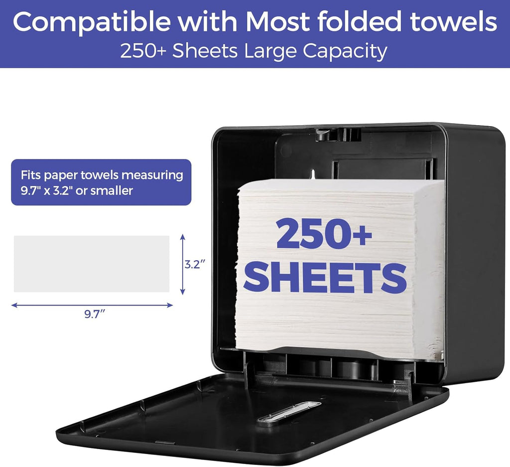 Multifold Paper Towel Dispenser Wall Mount (Black) – Large Capacity C-Fold, Trifold, and Folded
