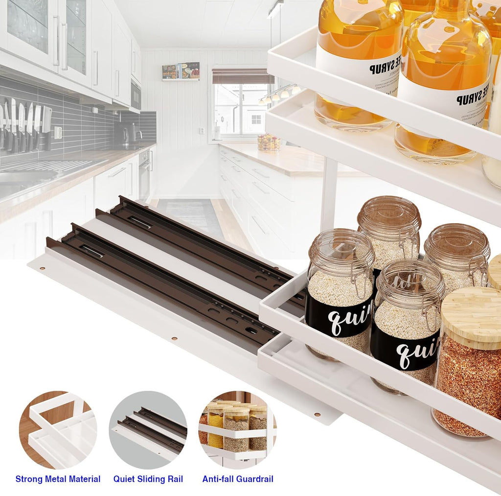 2 Pack Pull Out Spice Rack Organizer for Cabinet, 2 Tier Metal Slide Out Seasoning Organizer and