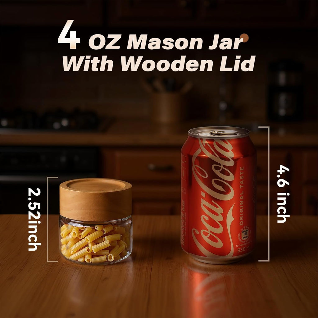 2-Pack 4 oz Leakproof Mason Jars with Airtight Acacia Wood Lids - Small Glass Food Storage