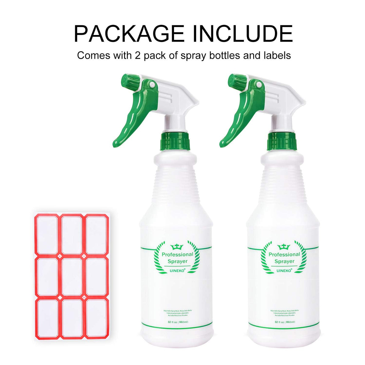 Plastic Spray Bottle 2 Pack, 32 Oz, All-Purpose Heavy Duty Spraying Bottles Leak Proof Mist Empty