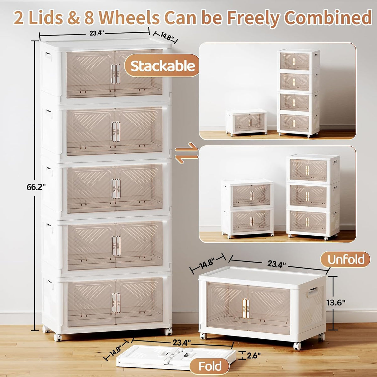 Storage Bins with Lid 76QT, Stackable Storage Containers with Wheels and Magnetic Doors, Plastic