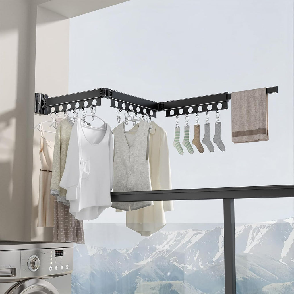 Clothes Drying Rack Foldable Wall Mounted Drying Rack 3 Fold Black-Laundry Drying Rack Durable