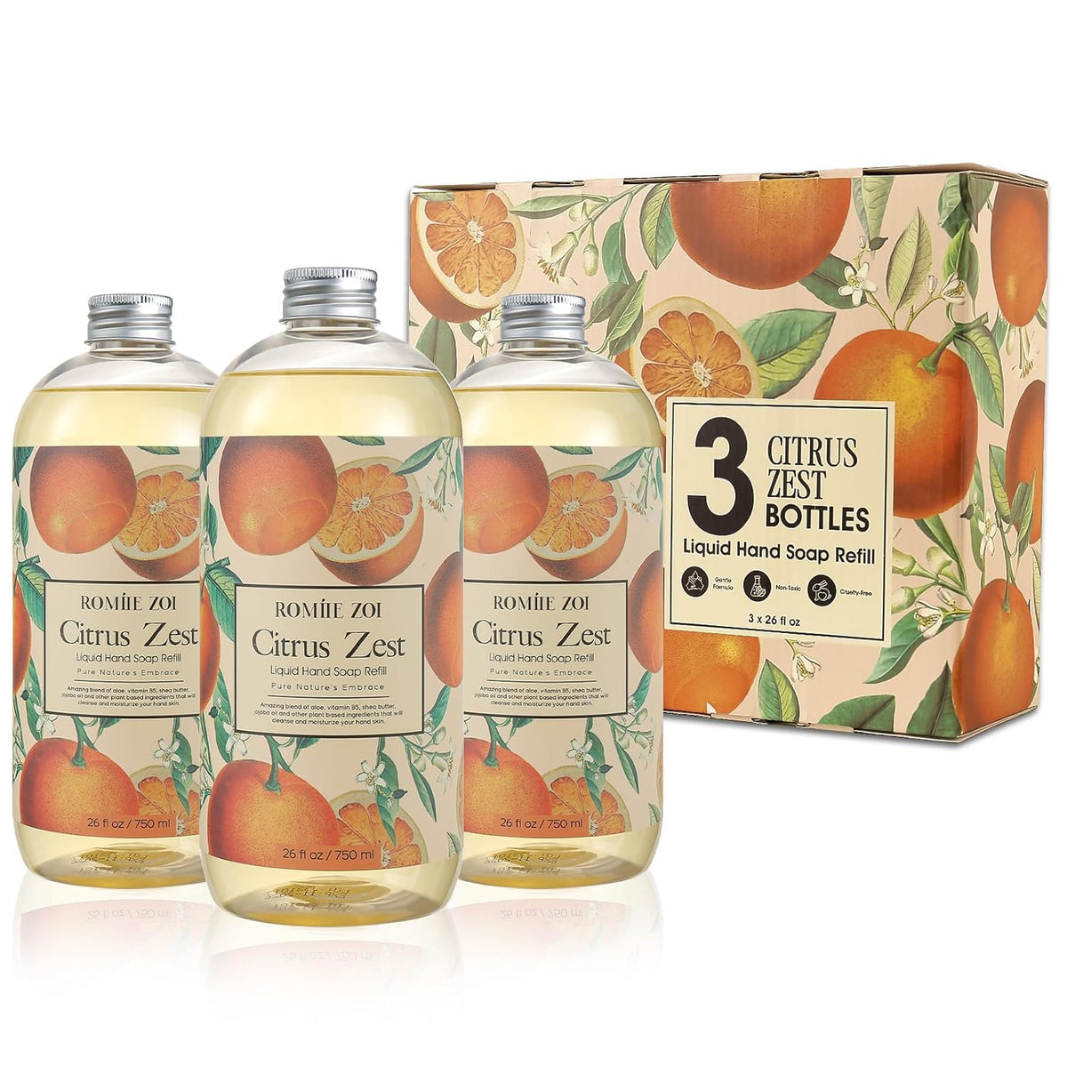 ROMIIE ZOI Liquid Hand Soap Refill Gift Set – 3 Pack (26 Fl Oz Each), Citrus Zest Scent