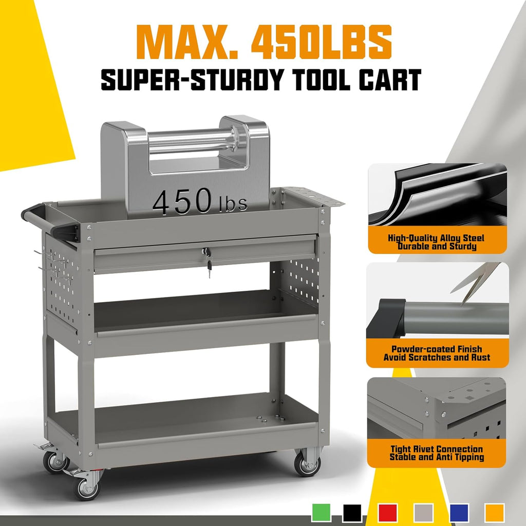 3 Tier Rolling Tool Cart with Drawers, 450 LBS Capacity Tool Cart on Wheels, Heavy Duty Rolling