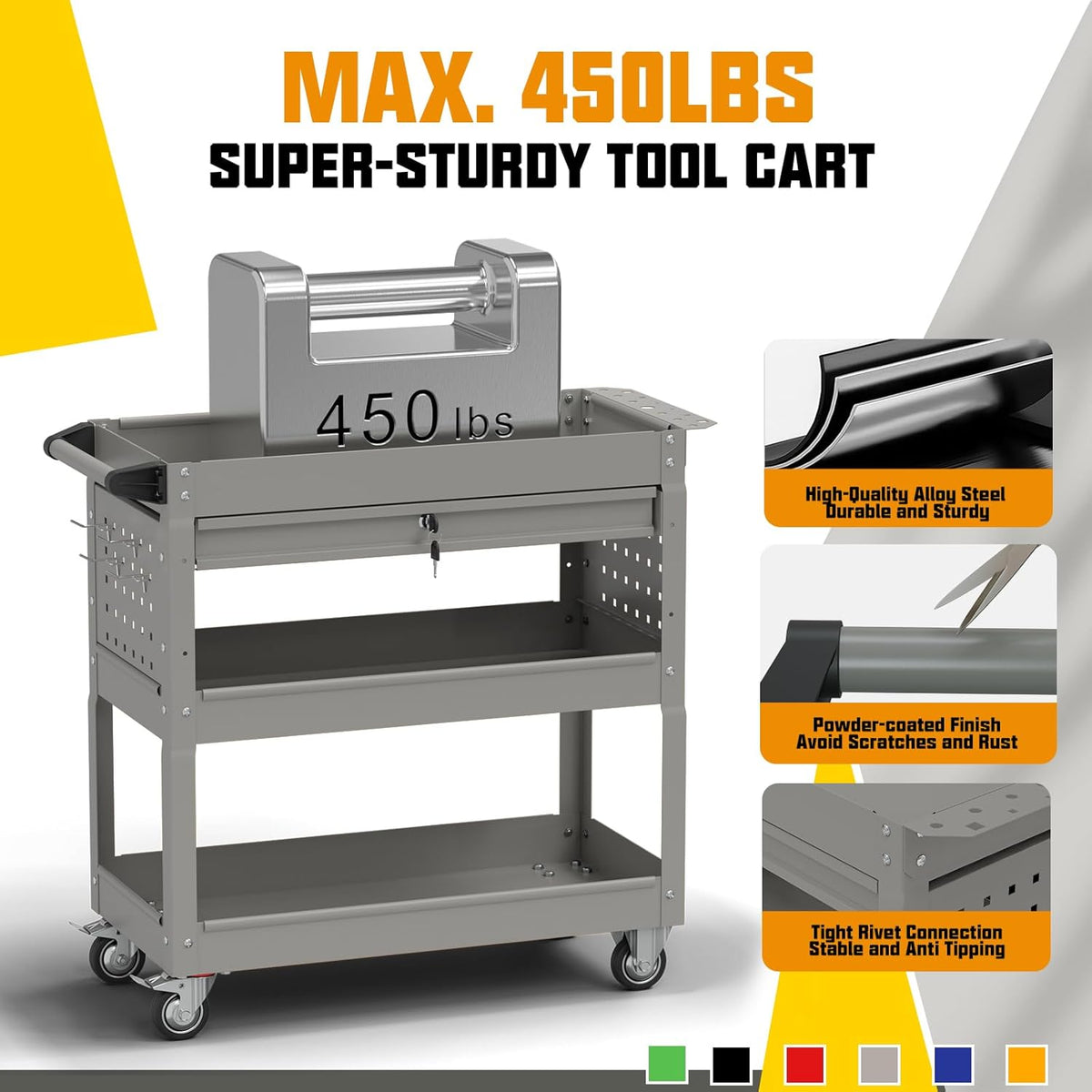 3 Tier Rolling Tool Cart with Drawers, 450 LBS Capacity Tool Cart on Wheels, Heavy Duty Rolling