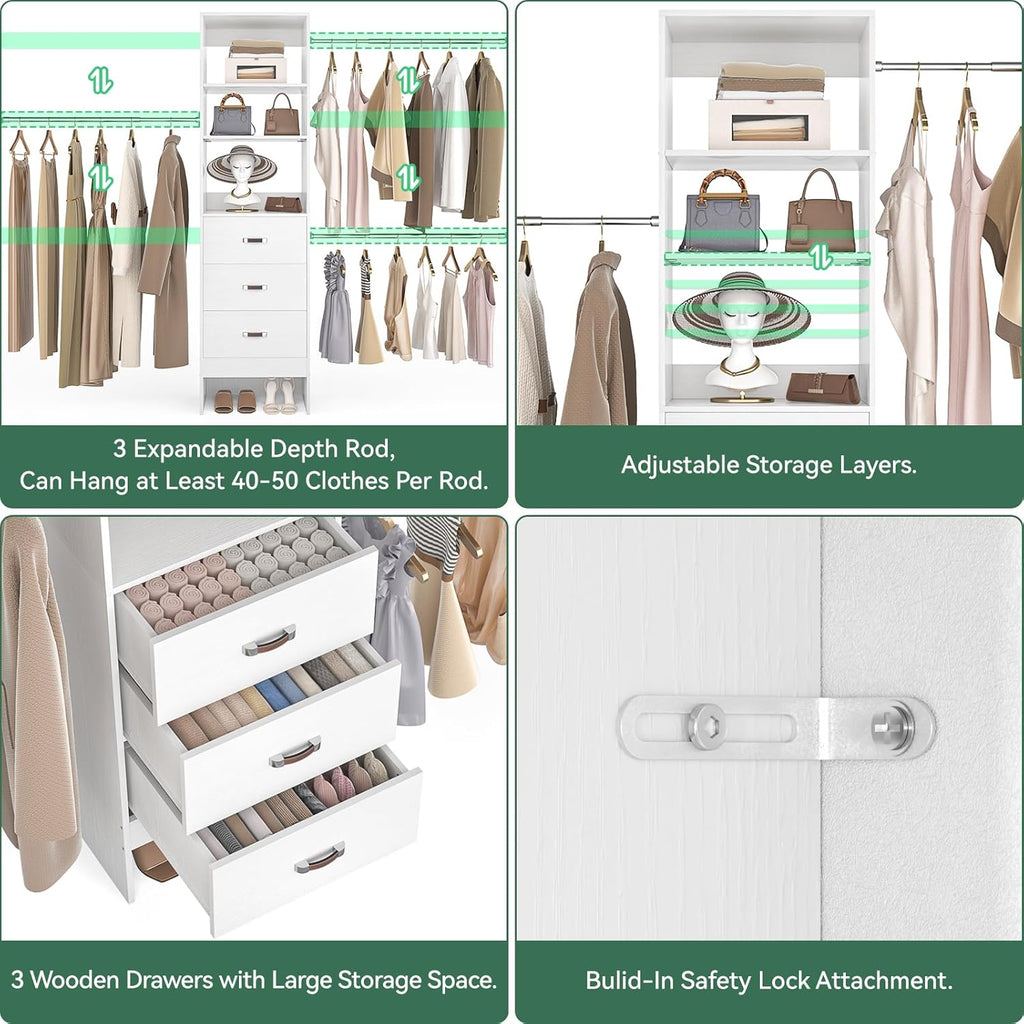 96'' Closet Organizer System with 3 Hanging Rods (Without 3 Storage Shelves), 8FT Closet Systems