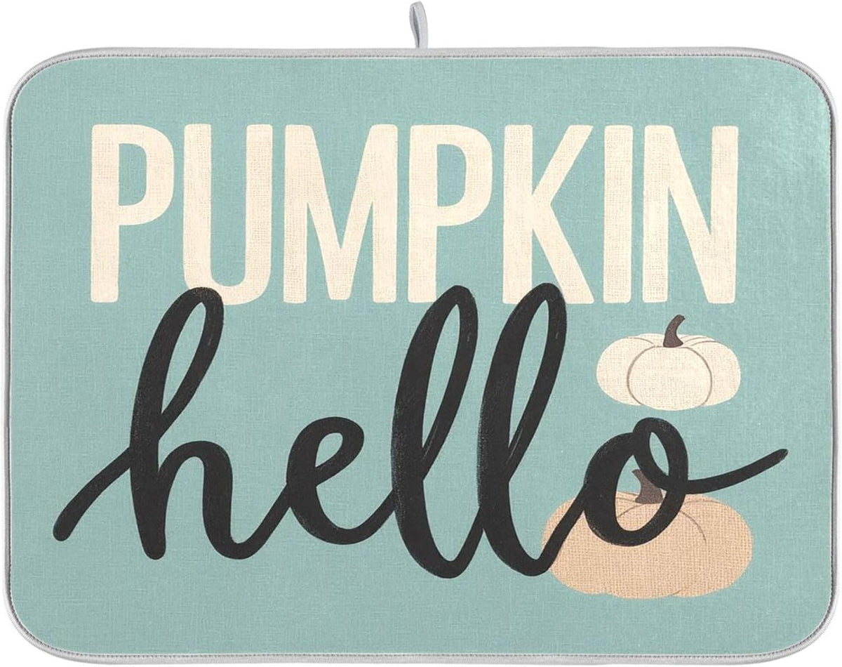 Hello Pumpkin Turquoise Fall Dish Drying Mat for Kitchen Countertop 16x18 Aqua Teal Autumn Small