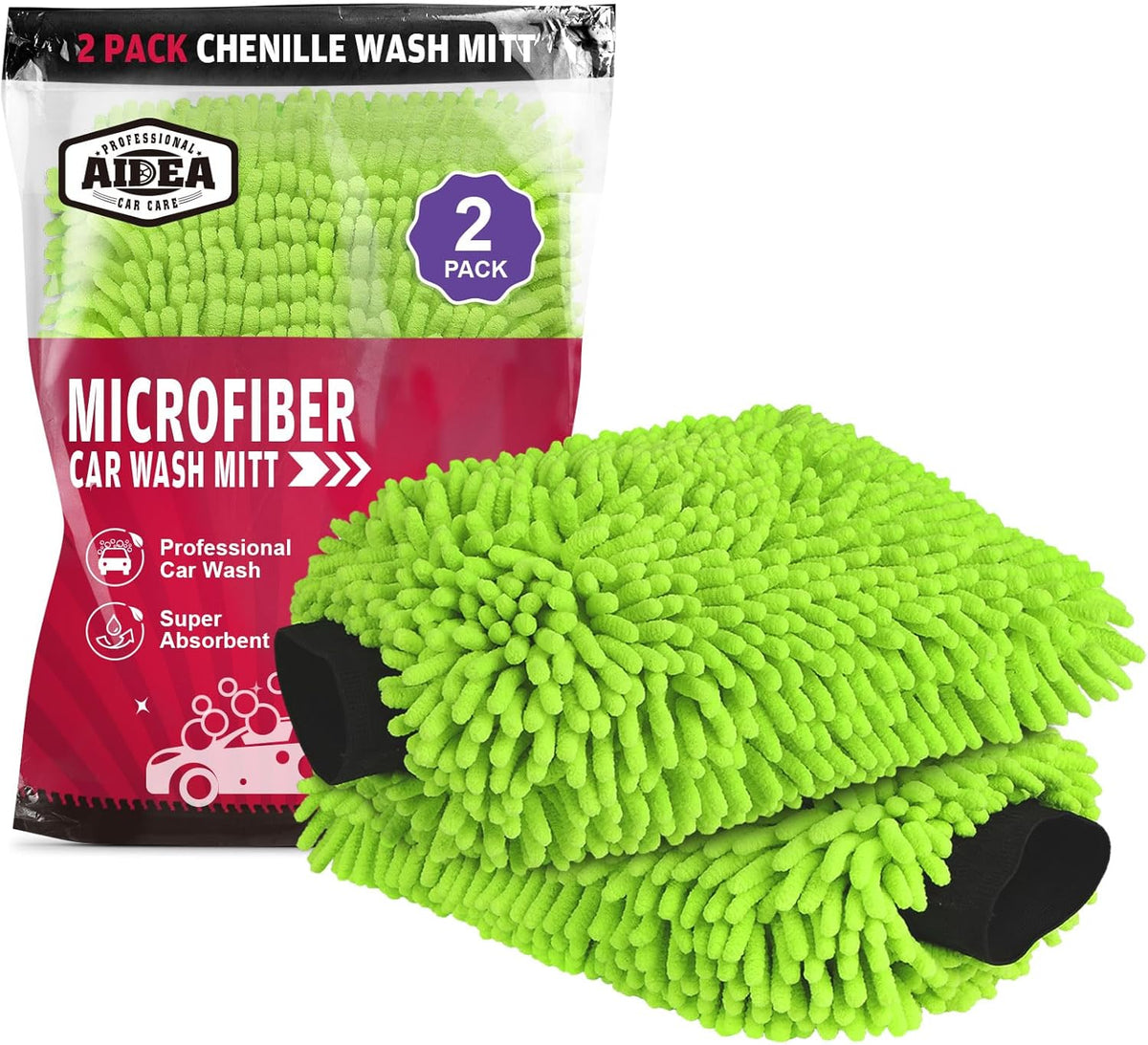 AIDEA Car Wash Mitt Microfiber, 2PK Scratch Free Lint-Free, Premium Chenille Microfiber Mitt Car