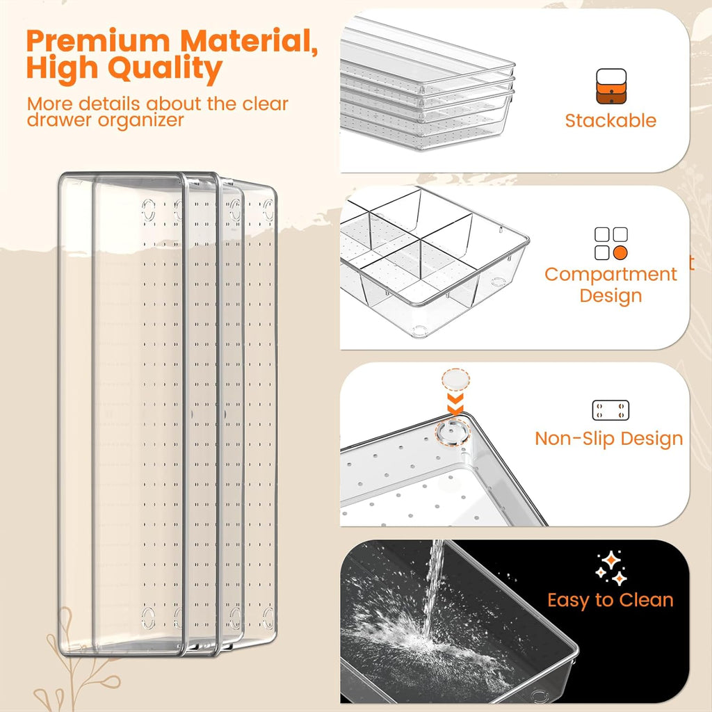 Criusia Drawer Organizer - 18 Pack Clear Large Kitchen Drawer Organization Trays, Non-Slip Dividers