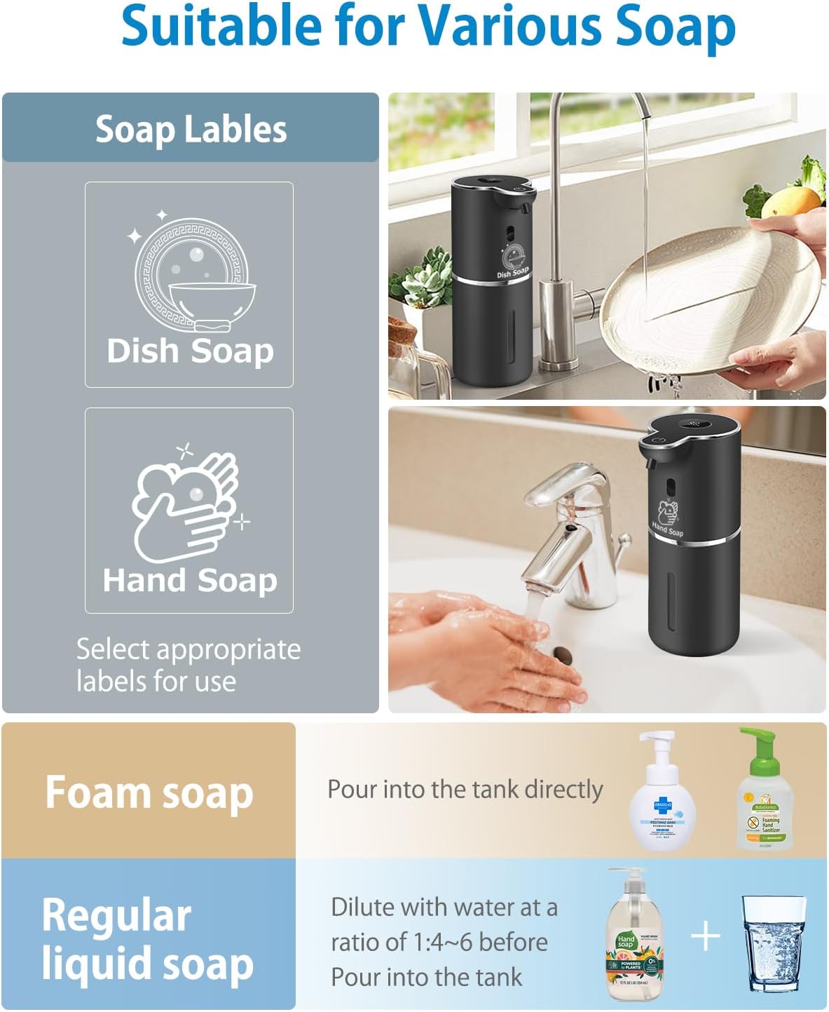 Automatic Foaming Soap Dispenser 12.8oz, Rechargeable & 6 Levels Foaming Adjustable with Digital
