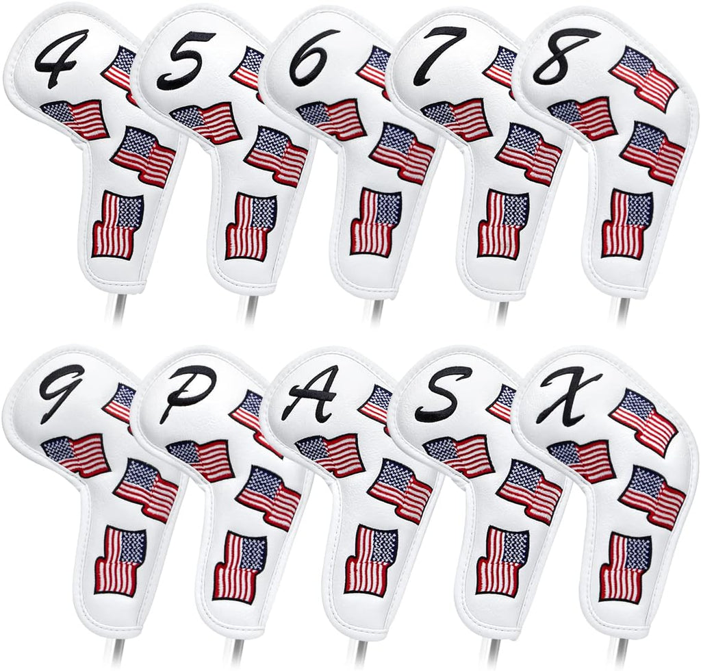 US Flag Golf Iron Covers Headcovers - 10pcs Patriotism Golf Club Covers for Irons - White Synthetic