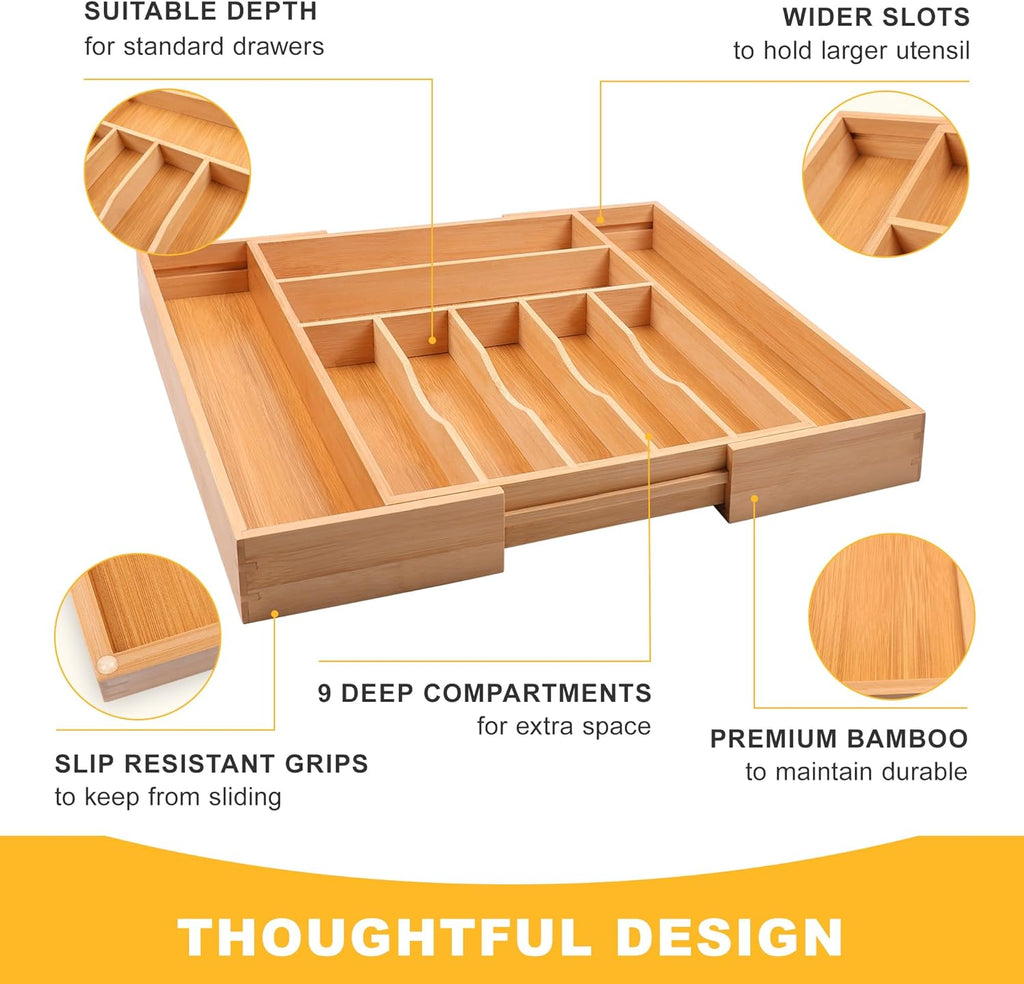 Large Premium Bamboo Silverware Organizer - Expandable Drawer Organizer & Utensil Organizer