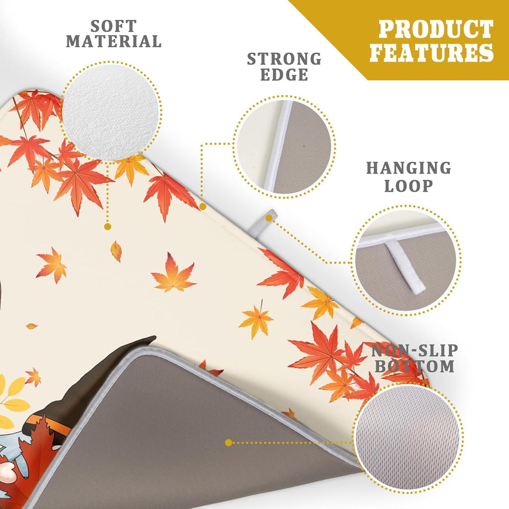 Fall Gnome Dish Drying Mat for Kitchen Counter Autumn Pumpkin Maple Leaves Dishes Pad Absorbent