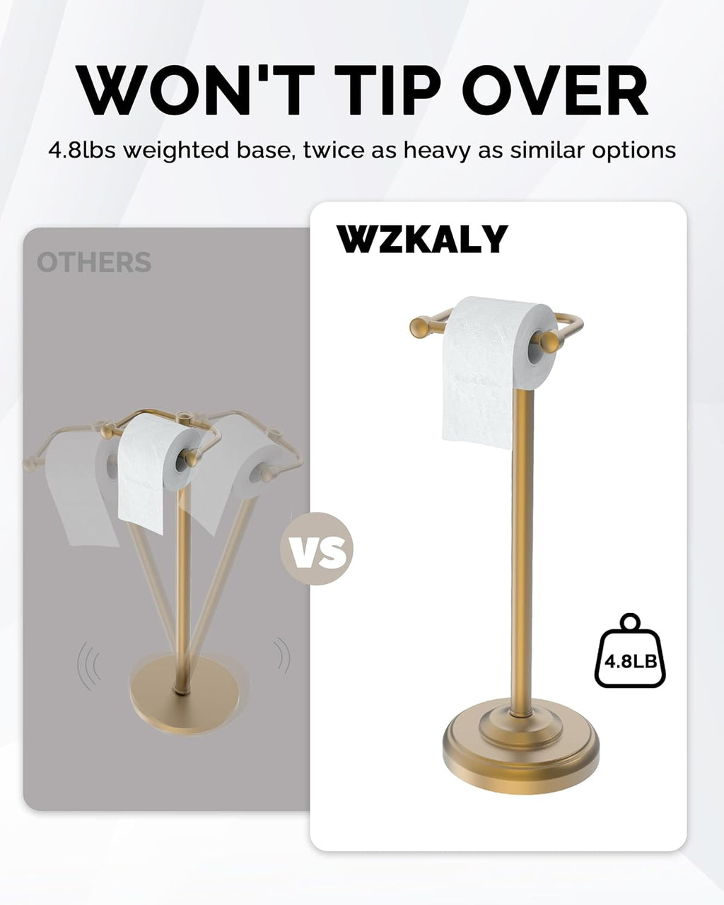 Toilet Paper Holder Stand, Brushed Brass Toilet Paper Holder Free Standing, Post Pivoting Design &