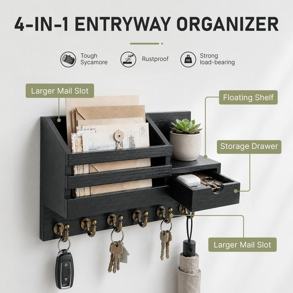 FifthQuarter Key Holder Wall Mount with Drawer and 6 Sturdy Hooks, A-Black