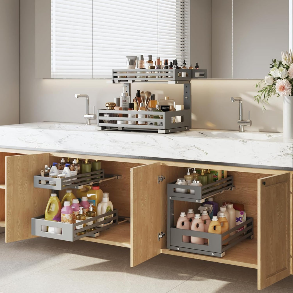 2-Pack Under Sink Organizers and Storage,2-Tier L Shape Pull Out Cabinet Organizer With Round Tube