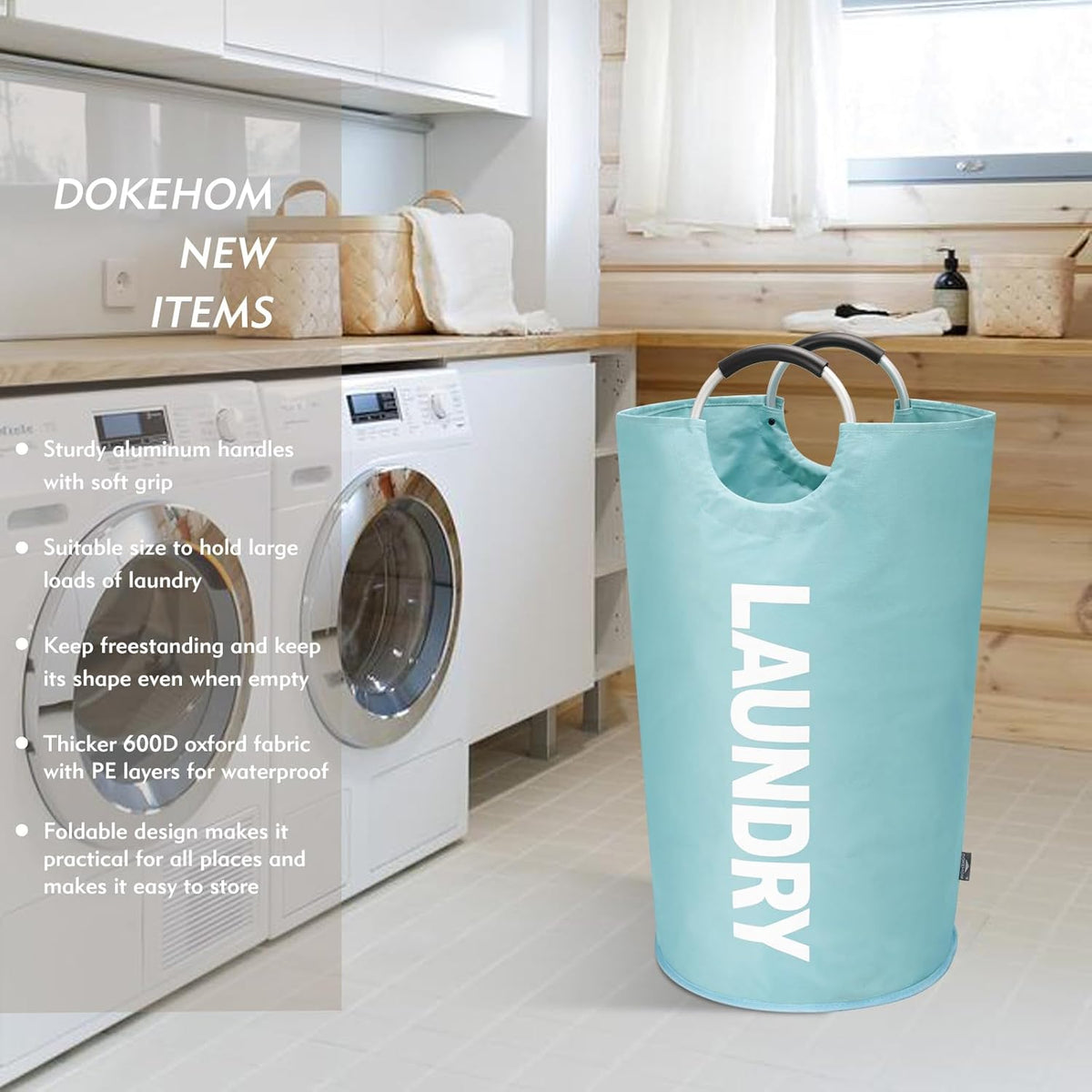 DOKEHOM 90L Large Laundry Basket, Collapsible Laundry Bag, Freestanding Tall Clothes Hamper