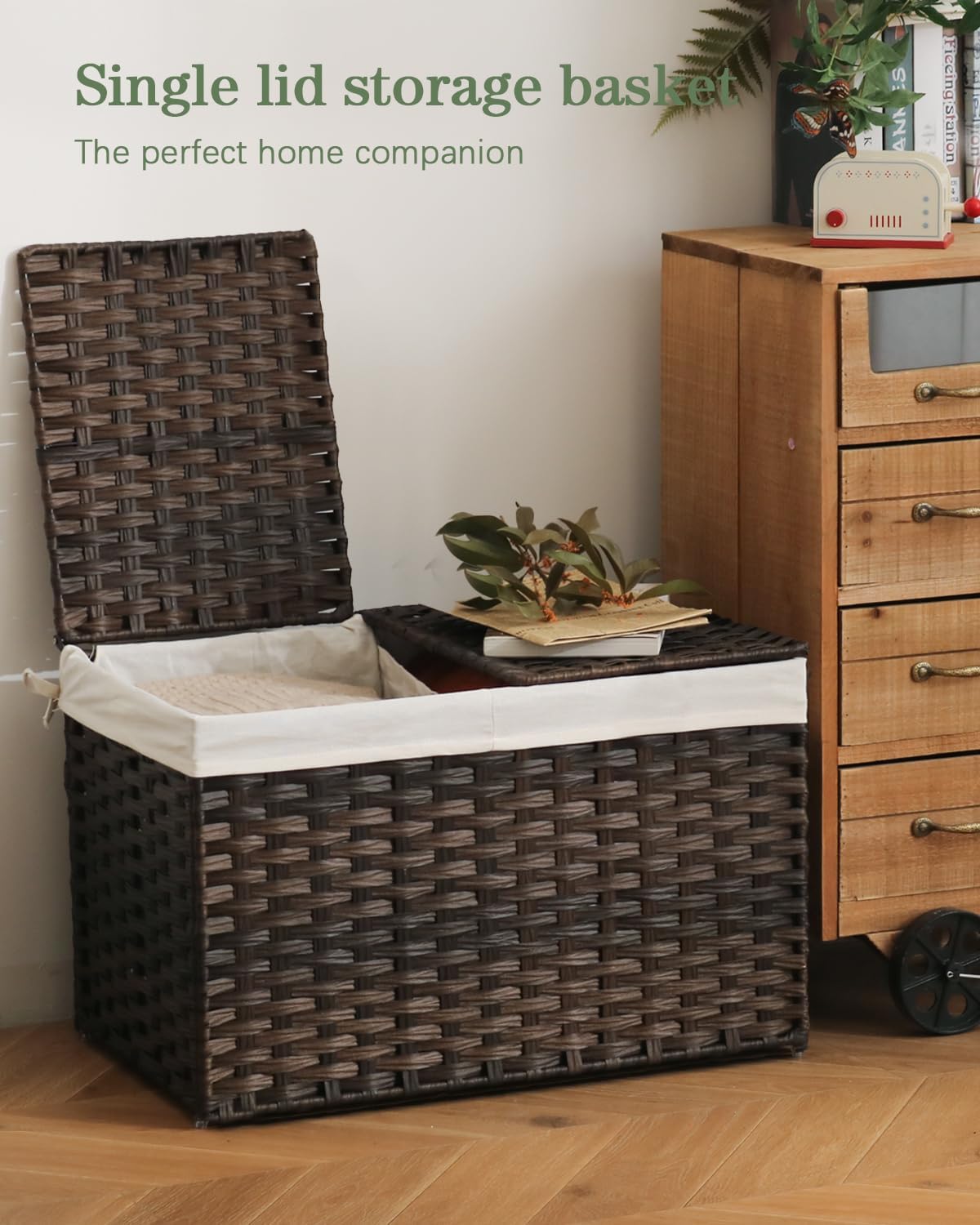 Storage Basket with Lid Rattan Woven Storage Baskets with 2 Separate Lids, 17.2 Gallon (65 L), 22 x