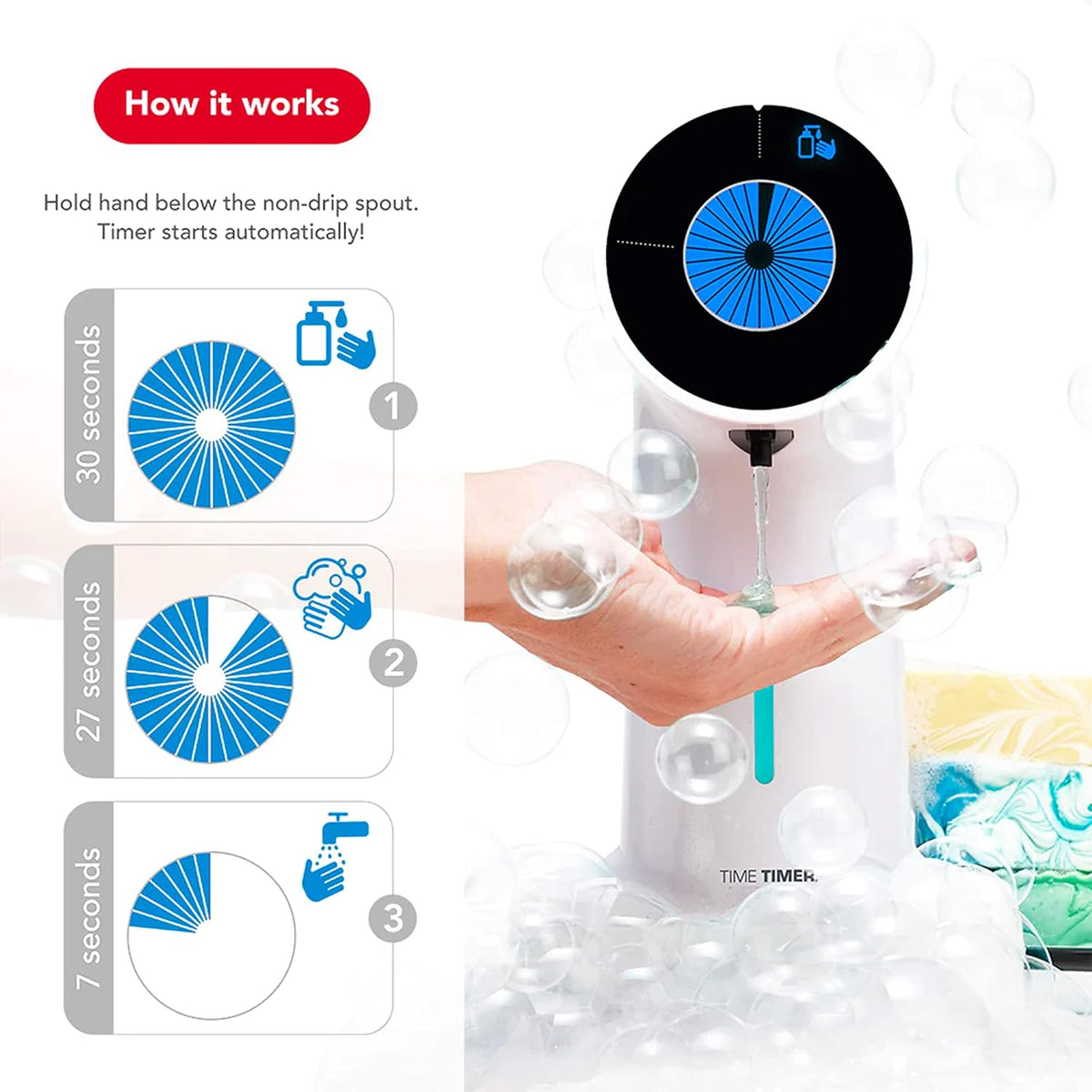 Time Timer WASH with Soap Dispenser — Hands Free Automatic Soap Dispenser with 30 Second Visual