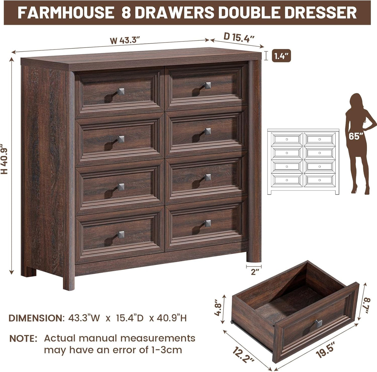 Farmhouse 8 Drawer Dresser for Bedroom, 41" Tall Wood Chest of Drawers, 43.3" Wide Dresser TV