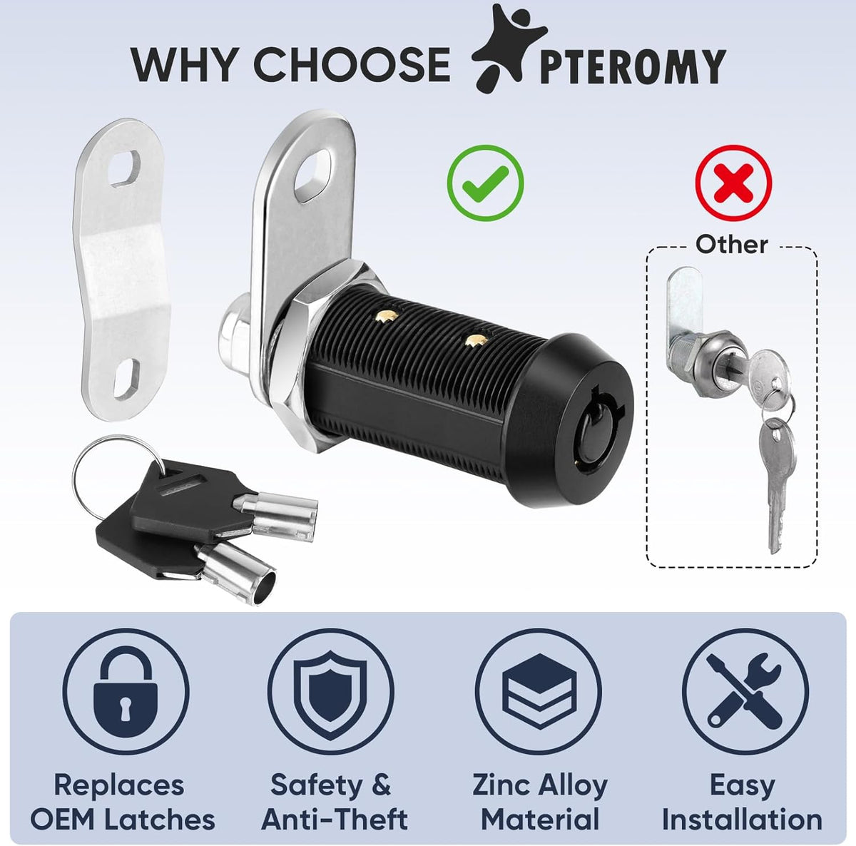 PTEROMY 5 Pack Cabinet Lock with Keys, 5/8'' Heavy Duty Tubular Cam Lock for RV Compartment Storage